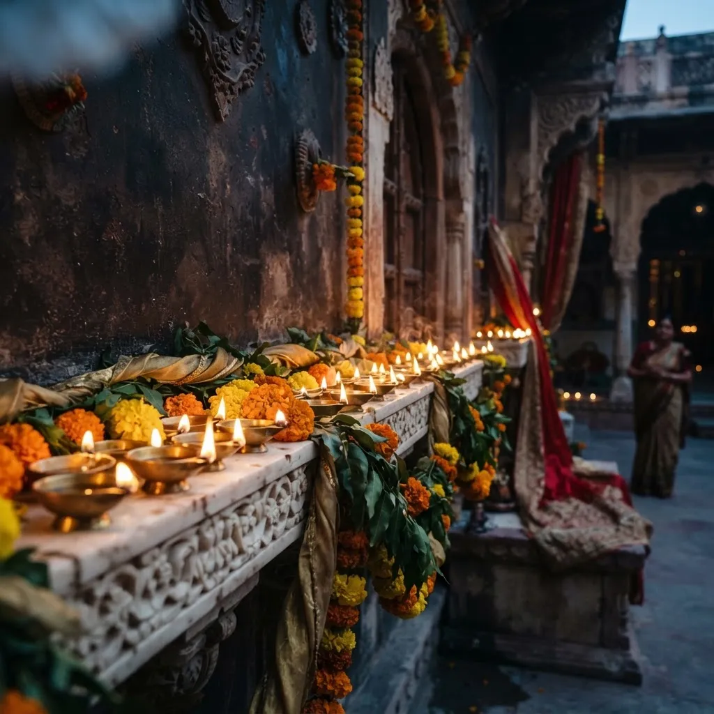 A row of glowing diyas with marigold flowers for Diwali