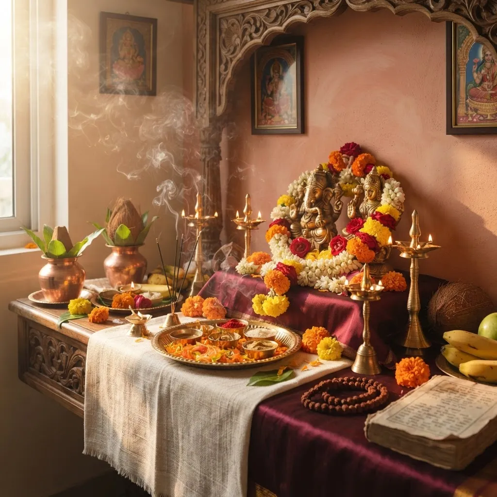 Brass diya and marigold flowers arranged for a home puja