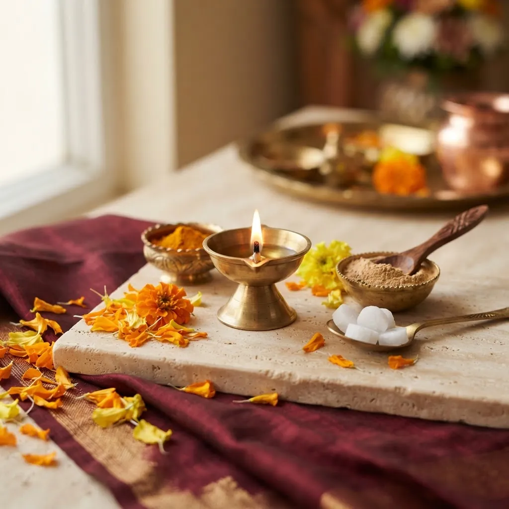 Puja essentials arranged on warm ivory stone
